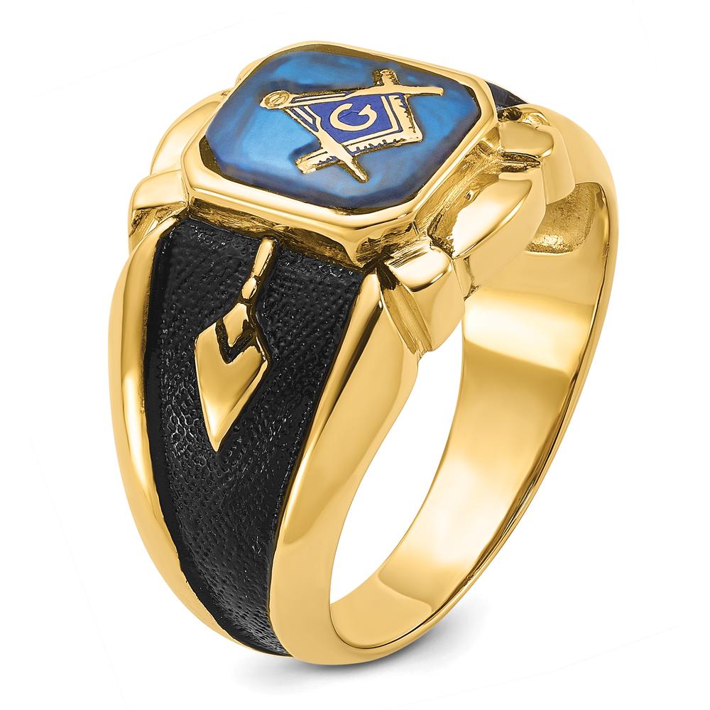 14K Yellow Gold Men's Masonic Ring with Octagon-Cut Imitation Blue Spinel and Antiqued Textured Finish by IBGoodman