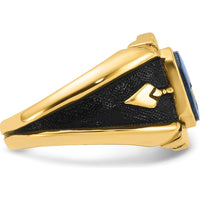 14K Yellow Gold Men's Masonic Ring with Octagon-Cut Imitation Blue Spinel and Antiqued Textured Finish by IBGoodman