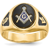 14K Yellow Gold Men's Masonic Ring with Polished Finish, Black Enamel Accents, and Oval Onyx - Symbolic and Resizable by IBGoodman
