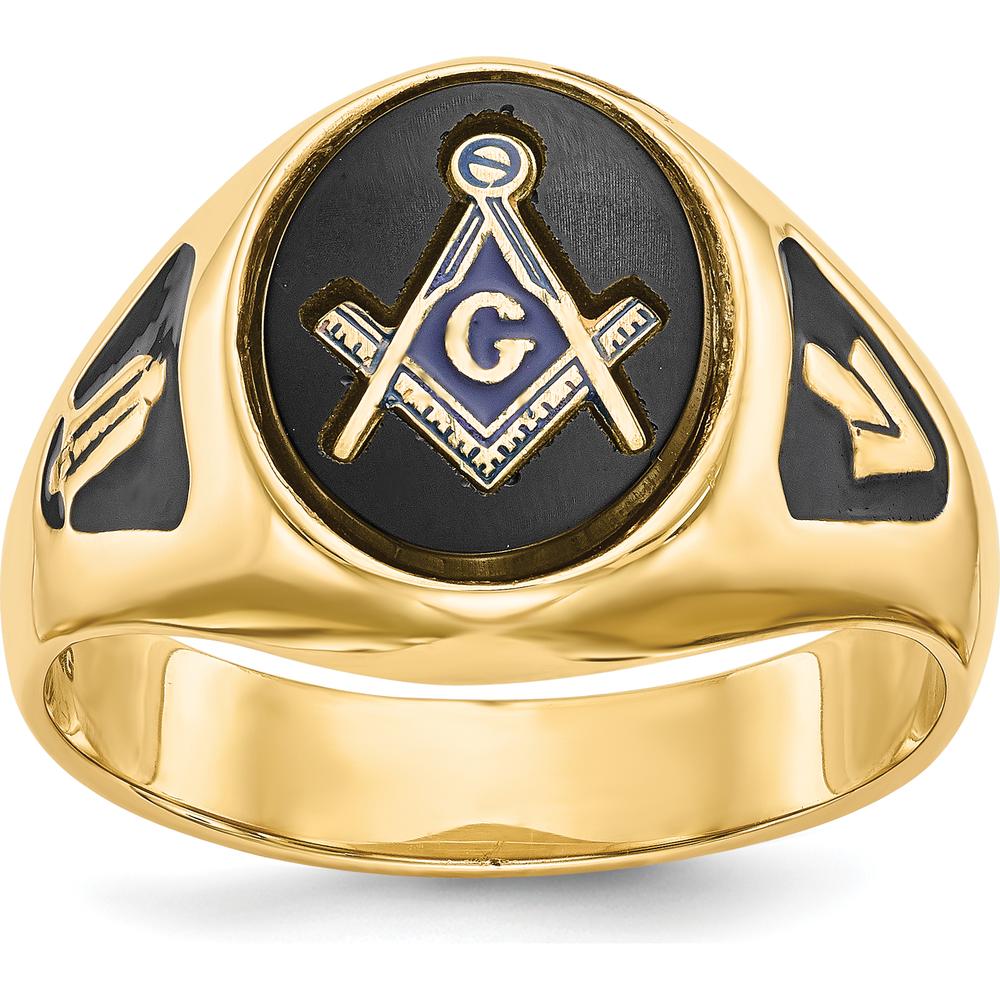 14K Yellow Gold Men's Masonic Ring with Polished Finish, Black Enamel Accents, and Oval Onyx - Symbolic and Resizable by IBGoodman
