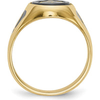 14K Yellow Gold Men's Masonic Ring with Polished Finish, Black Enamel Accents, and Oval Onyx - Symbolic and Resizable by IBGoodman