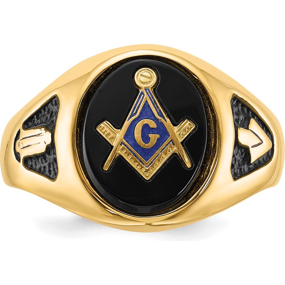 14K Yellow Gold Men's Masonic Ring with Polished Finish, Black Enamel Accents, and Oval Onyx - Symbolic and Resizable by IBGoodman