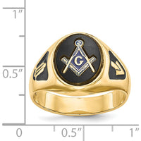 14K Yellow Gold Men's Masonic Ring with Polished Finish, Black Enamel Accents, and Oval Onyx - Symbolic and Resizable by IBGoodman