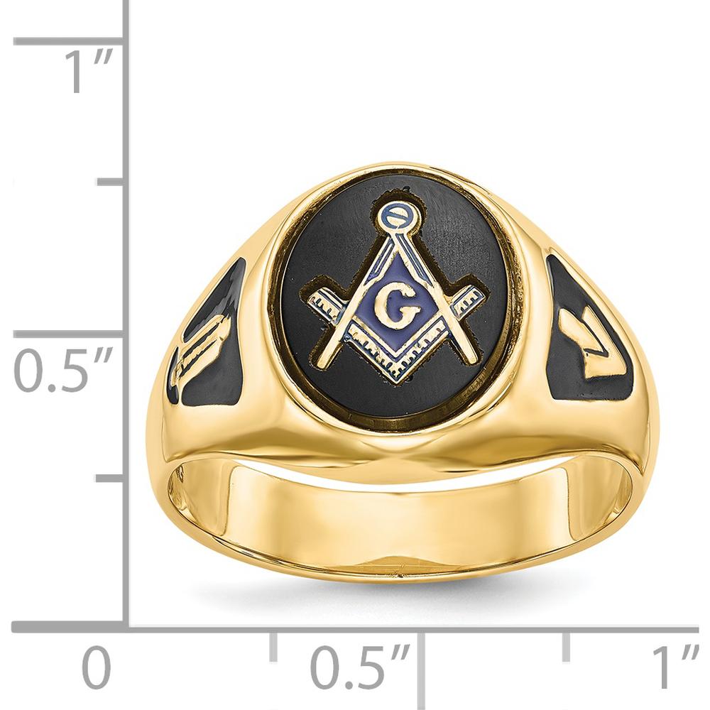 14K Yellow Gold Men's Masonic Ring with Polished Finish, Black Enamel Accents, and Oval Onyx - Symbolic and Resizable by IBGoodman