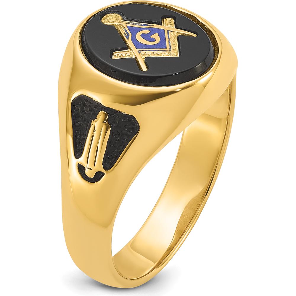 14K Yellow Gold Men's Masonic Ring with Polished Finish, Black Enamel Accents, and Oval Onyx - Symbolic and Resizable by IBGoodman
