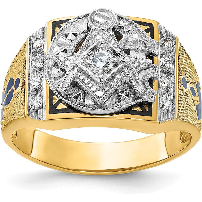 14K Yellow Gold Men's Masonic Ring with Round White Diamonds - 0.15 Carats Total Diamond Weight by IBGoodman