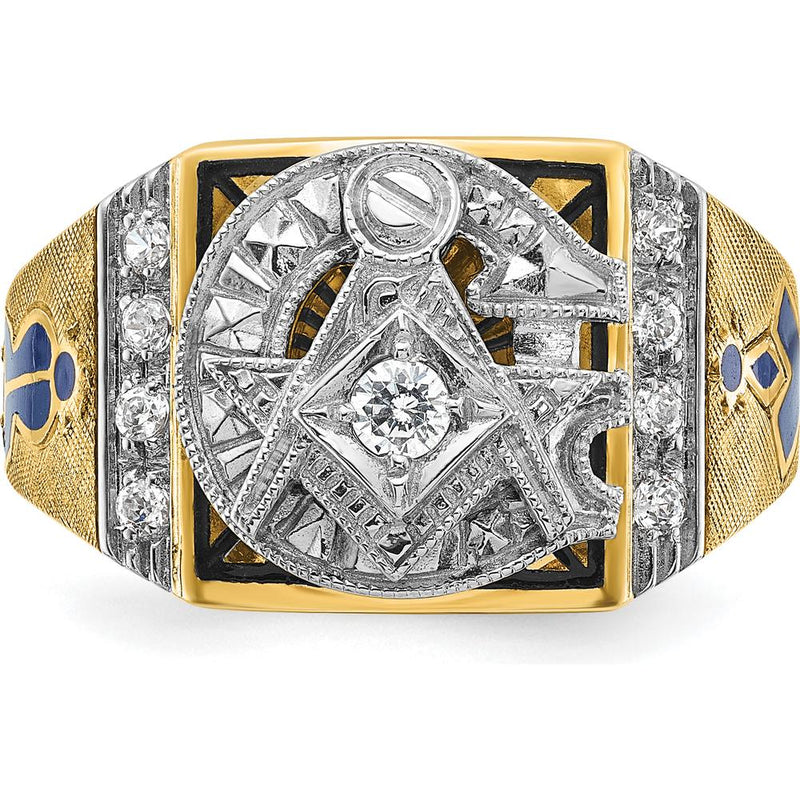 14K Yellow Gold Men's Masonic Ring with Round White Diamonds - 0.15 Carats Total Diamond Weight by IBGoodman