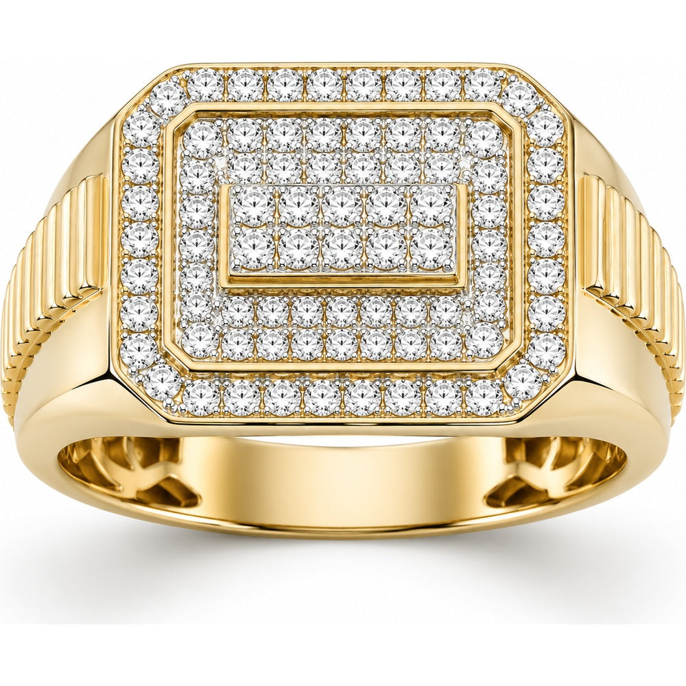 14K Yellow Gold Men's Octagon Pave Diamond Signet Statement Ring with Ribbed Shank - 1.05 Carat Total Diamond Weight by Auriventus