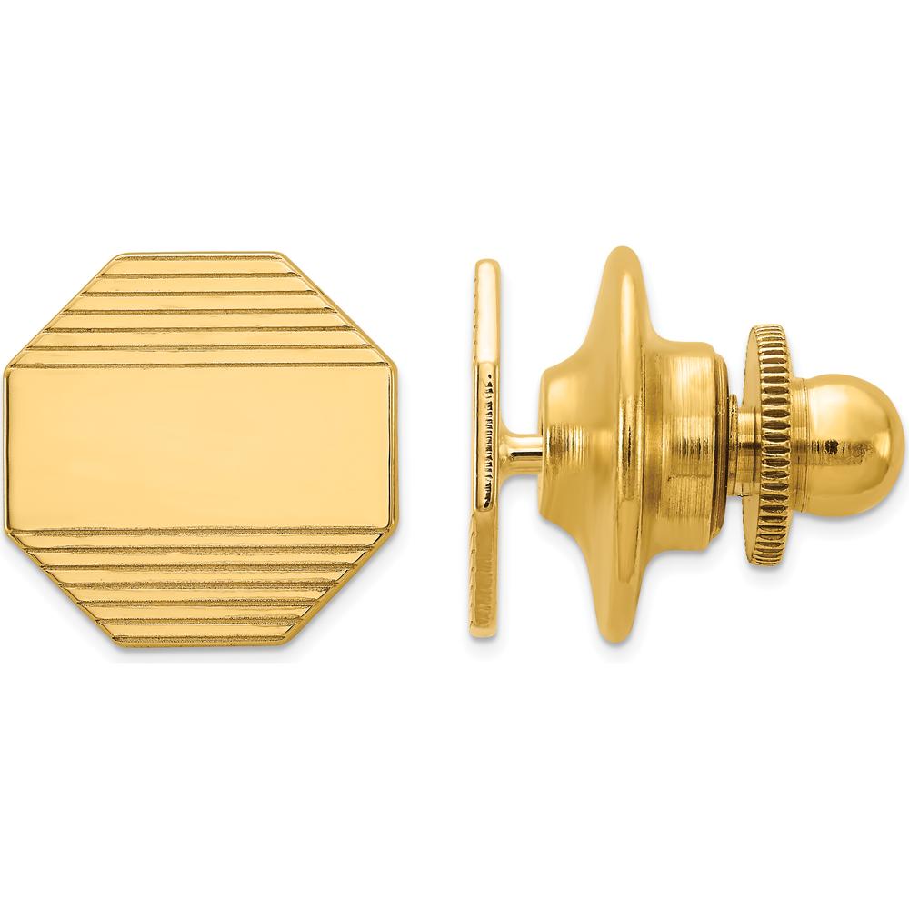 14K Yellow Gold Men's Octagonal Grooved Tie Tac - Polished Finish, Engravable, 10.5mm Length by 0