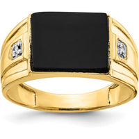 14K Yellow Gold Men's Onyx and Diamond Band Ring with Cushion Cut Onyx and Round Diamonds by Monteluci Fine Jewelry