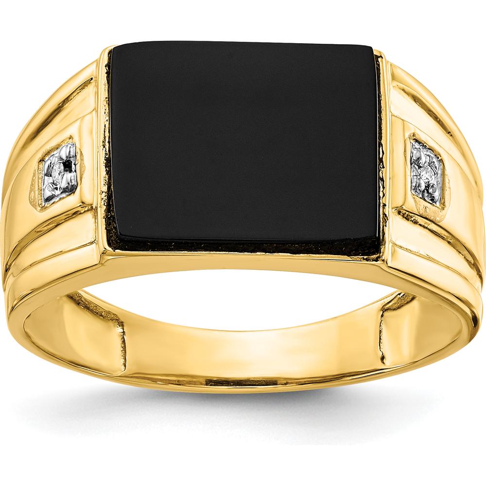 14K Yellow Gold Men's Onyx and Diamond Band Ring with Cushion Cut Onyx and Round Diamonds by Monteluci Fine Jewelry