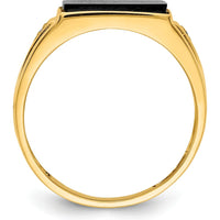 14K Yellow Gold Men's Onyx and Diamond Band Ring with Cushion Cut Onyx and Round Diamonds by Monteluci Fine Jewelry