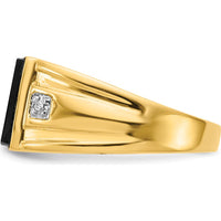 14K Yellow Gold Men's Onyx and Diamond Band Ring with Cushion Cut Onyx and Round Diamonds by Monteluci Fine Jewelry