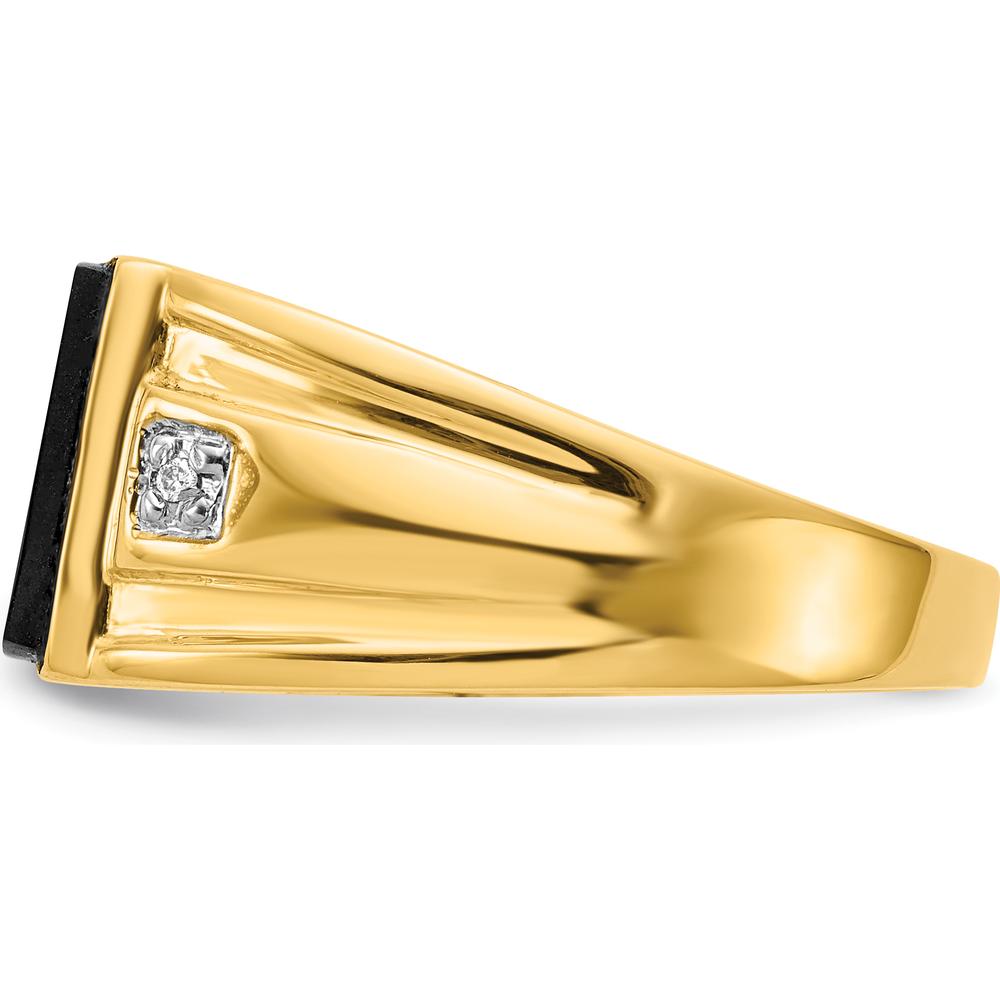 14K Yellow Gold Men's Onyx and Diamond Band Ring with Cushion Cut Onyx and Round Diamonds by Monteluci Fine Jewelry