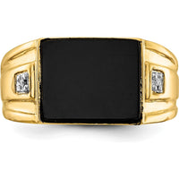 14K Yellow Gold Men's Onyx and Diamond Band Ring with Cushion Cut Onyx and Round Diamonds by Monteluci Fine Jewelry