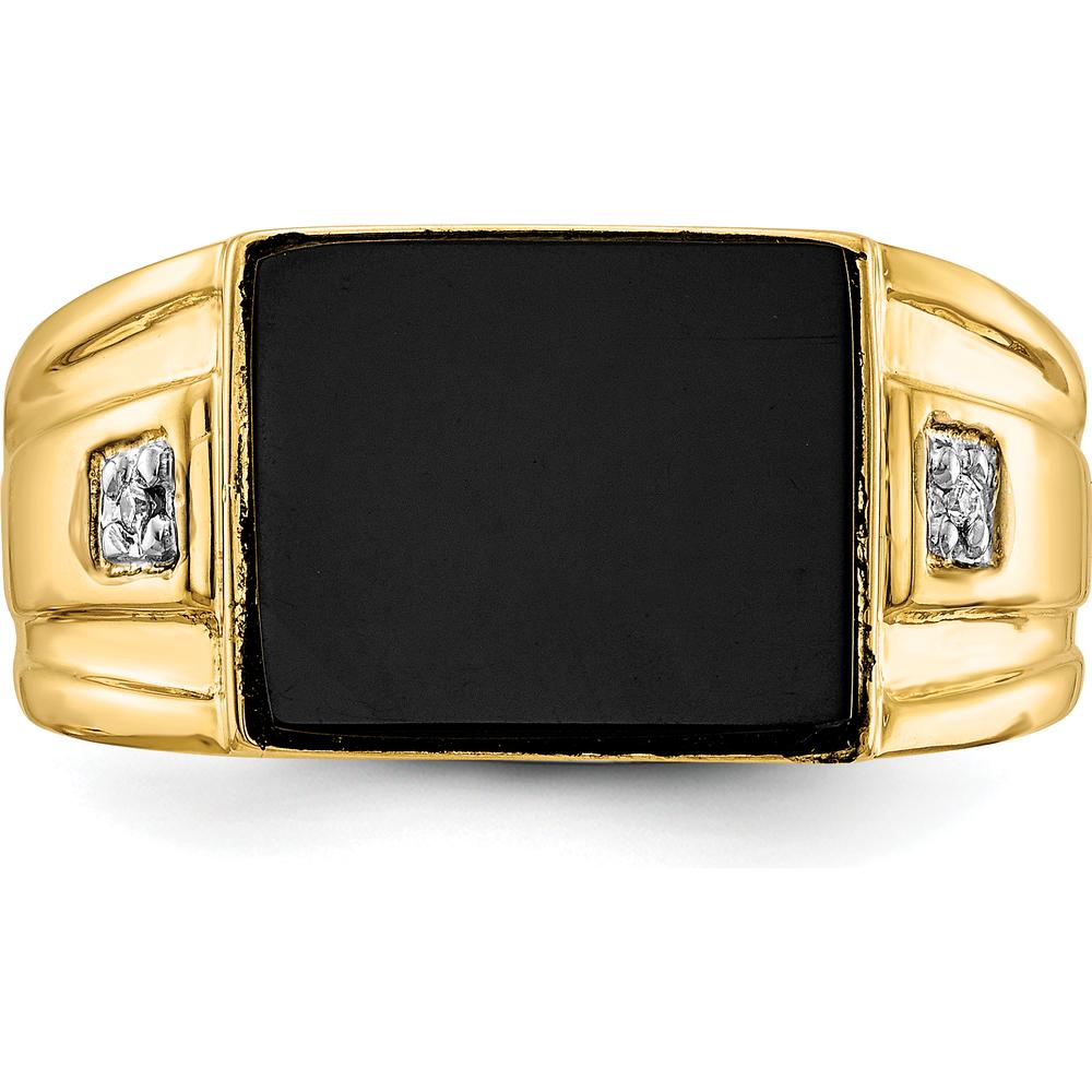 14K Yellow Gold Men's Onyx and Diamond Band Ring with Cushion Cut Onyx and Round Diamonds by Monteluci Fine Jewelry