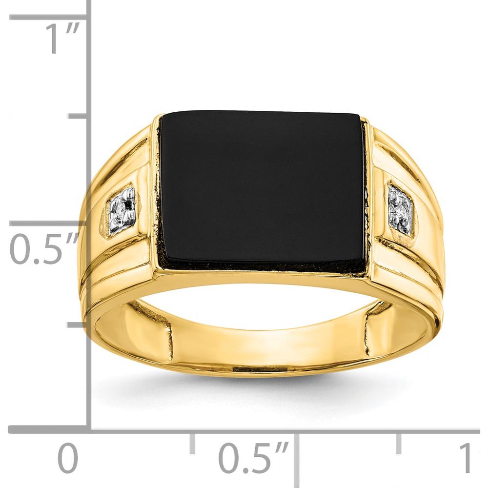 14K Yellow Gold Men's Onyx and Diamond Band Ring with Cushion Cut Onyx and Round Diamonds by Monteluci Fine Jewelry