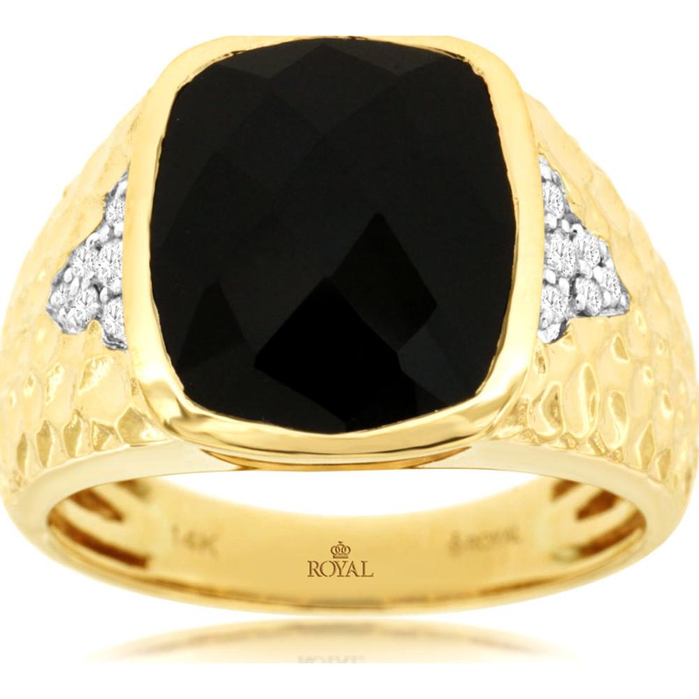 14K Yellow Gold Men's Onyx & Diamond Ring with Hammered Texture - 0.20 Carats Total Diamond Weight