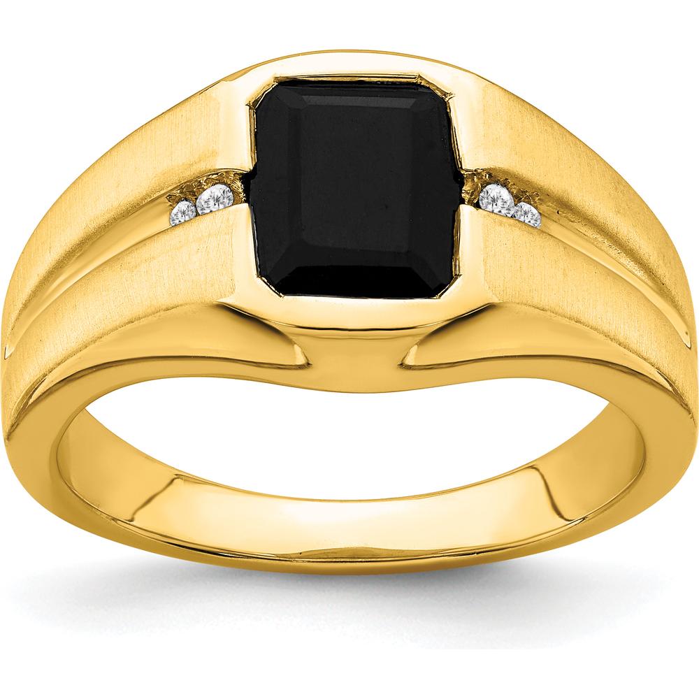 14K Yellow Gold Men's Onyx and Diamond Ring with Polished and Brushed Finish - 0.02 Carat Total Diamond Weight by Monteluci Fine Jewelry