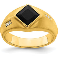 14K Yellow Gold Men's Onyx and Diamond Satin Finish Ring with Princess-Cut Onyx and Round Diamonds - 1.6 Carat Onyx, 0.03 Carat Diamond by 0