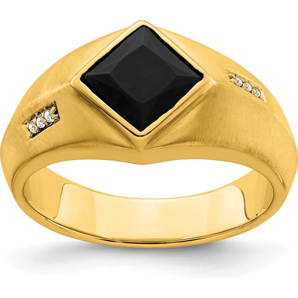 14K Yellow Gold Men's Onyx and Diamond Satin Finish Ring with Princess-Cut Onyx and Round Diamonds - 1.6 Carat Onyx, 0.03 Carat Diamond by 0