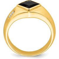 14K Yellow Gold Men's Onyx and Diamond Satin Finish Ring with Princess-Cut Onyx and Round Diamonds - 1.6 Carat Onyx, 0.03 Carat Diamond by 0