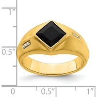 14K Yellow Gold Men's Onyx and Diamond Satin Finish Ring with Princess-Cut Onyx and Round Diamonds - 1.6 Carat Onyx, 0.03 Carat Diamond by 0