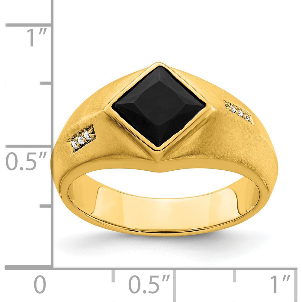 14K Yellow Gold Men's Onyx and Diamond Satin Finish Ring with Princess-Cut Onyx and Round Diamonds - 1.6 Carat Onyx, 0.03 Carat Diamond by 0
