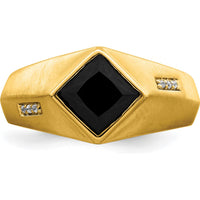 14K Yellow Gold Men's Onyx and Diamond Satin Finish Ring with Princess-Cut Onyx and Round Diamonds - 1.6 Carat Onyx, 0.03 Carat Diamond by 0