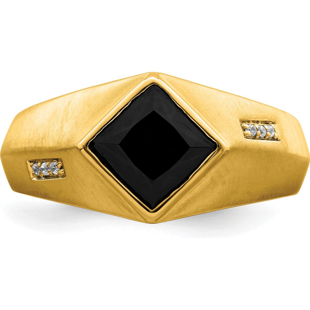 14K Yellow Gold Men's Onyx and Diamond Satin Finish Ring with Princess-Cut Onyx and Round Diamonds - 1.6 Carat Onyx, 0.03 Carat Diamond by 0