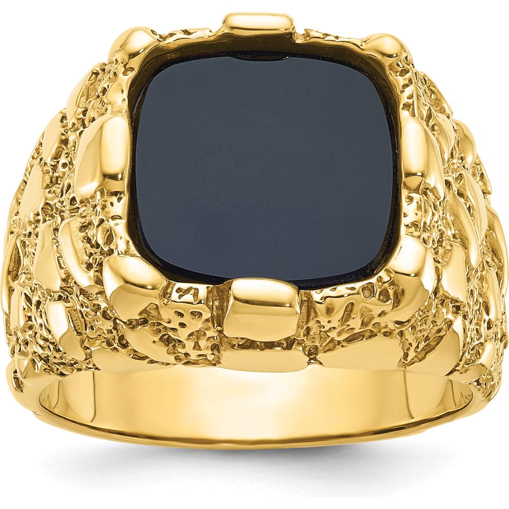 14K Yellow Gold Men's Onyx Nugget Ring with Cushion Cut Onyx - 12x12mm by IBGoodman