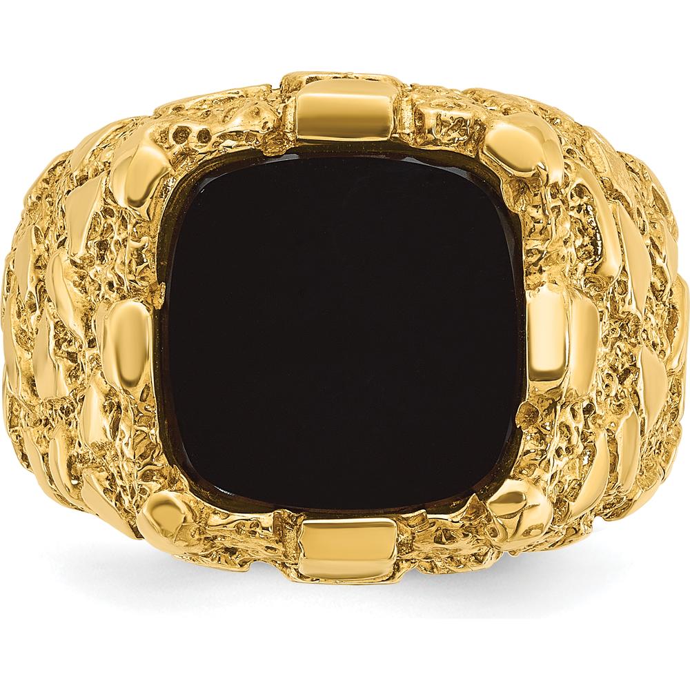 14K Yellow Gold Men's Onyx Nugget Ring with Cushion Cut Onyx - 12x12mm by IBGoodman