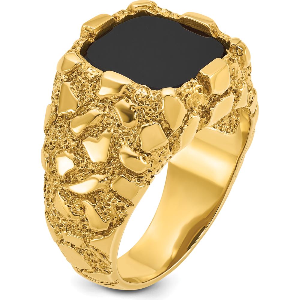 14K Yellow Gold Men's Onyx Nugget Ring with Cushion Cut Onyx - 12x12mm by IBGoodman