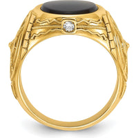 14K Yellow Gold Men's Onyx Oval Ring with Round Diamonds - 0.05 Carats Total Diamond Weight by IBGoodman