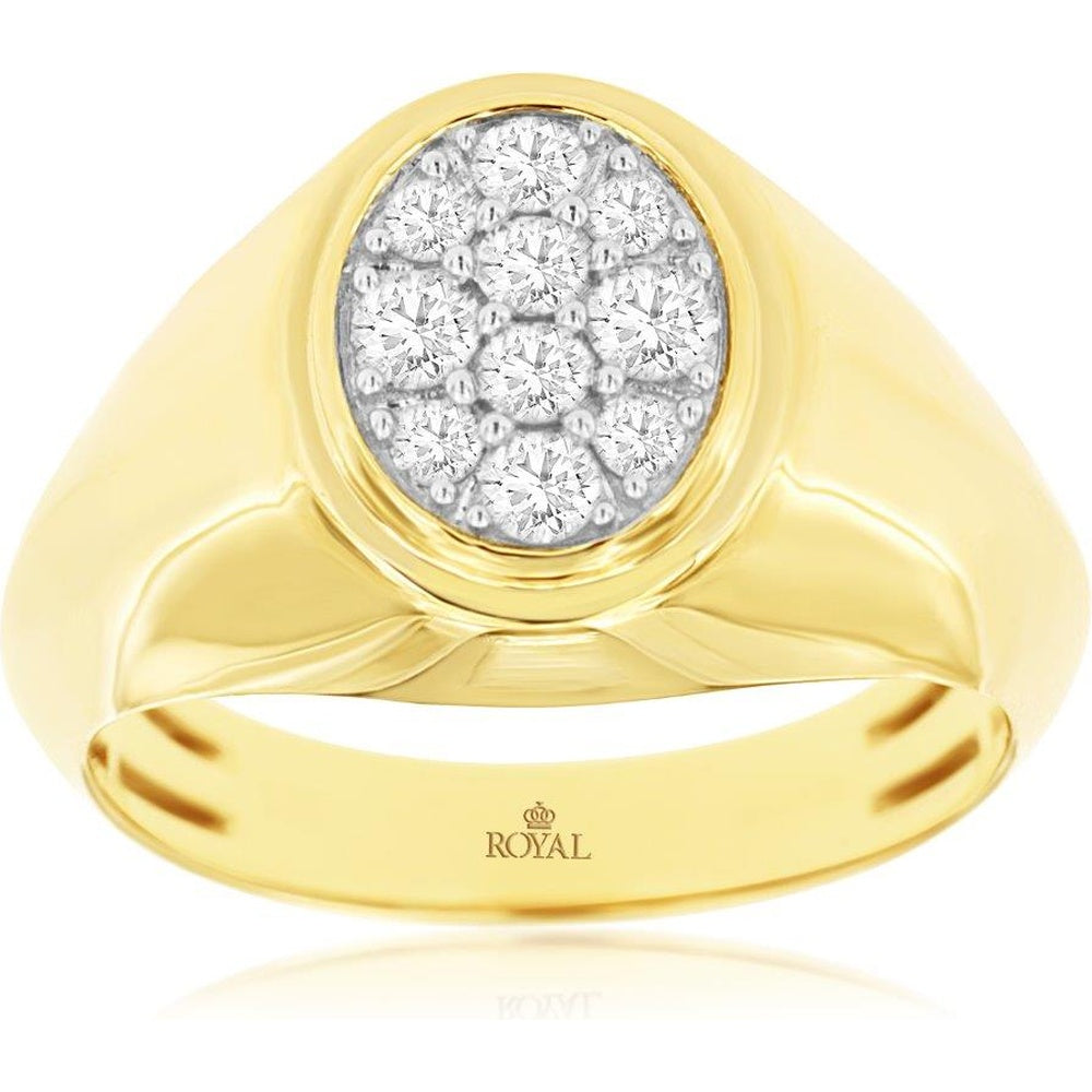 14K Yellow Gold Men's Oval Cluster Ring with Round Cut Diamonds - 0.50 Carat Total Diamond Weight - Royal Jewelry