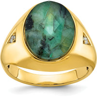 14K Yellow Gold Men's Oval Green Emerald and Diamond Ring with Accent Stones by IBGoodman