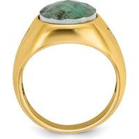 14K Yellow Gold Men's Oval Green Emerald and Diamond Ring with Accent Stones by IBGoodman