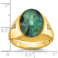 14K Yellow Gold Men's Oval Green Emerald and Diamond Ring with Accent Stones by IBGoodman