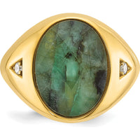 14K Yellow Gold Men's Oval Green Emerald and Diamond Ring with Accent Stones by IBGoodman