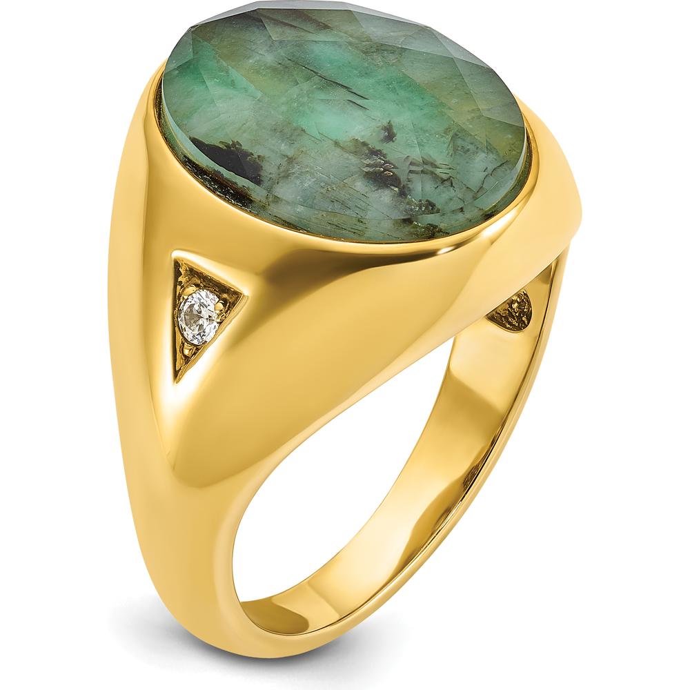 14K Yellow Gold Men's Oval Green Emerald and Diamond Ring with Accent Stones by IBGoodman