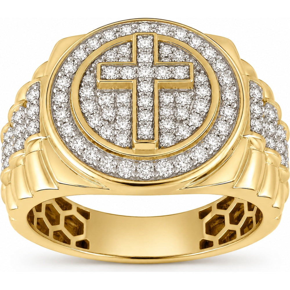 14K Yellow Gold Men's Pavé Set Round Diamond Cross Statement Ring - 1.09 Carat Total Diamond Weight by Auriventus