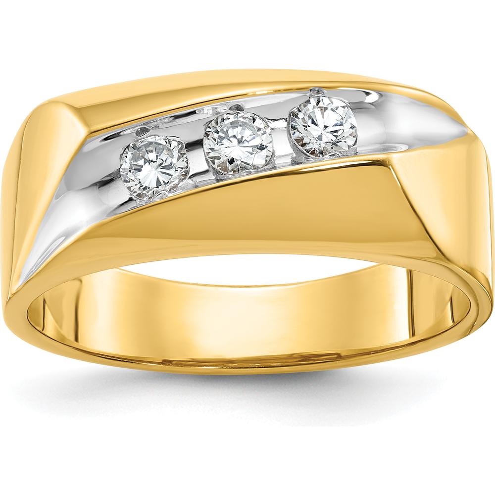 14K Yellow Gold Men's Polished 3-Stone Ring with Grooved Band and Diamond Accent by IBGoodman