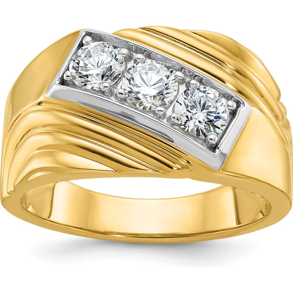 14K Yellow Gold Men's Polished and Grooved 3-Stone Diamond Ring - 0.349 Carats Total Diamond Weight by IBGoodman