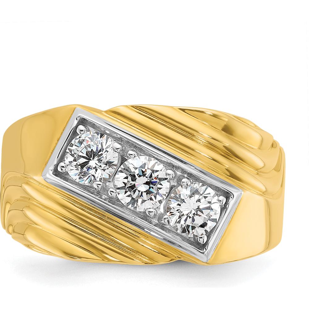 14K Yellow Gold Men's Polished and Grooved 3-Stone Diamond Ring - 0.349 Carats Total Diamond Weight by IBGoodman