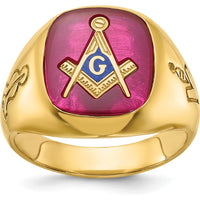 14K Yellow Gold Men's Polished and Grooved Blue Lodge Master Masonic Ring