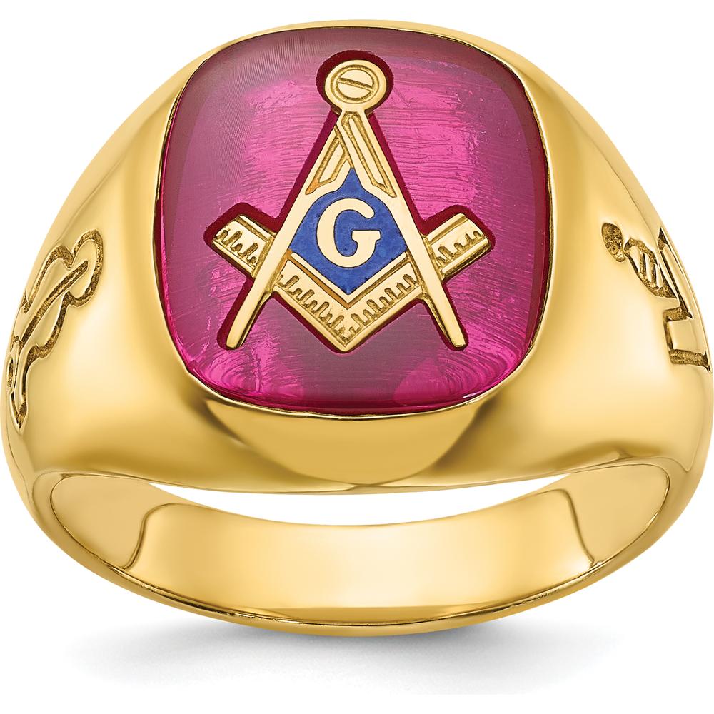 14K Yellow Gold Men's Polished and Grooved Blue Lodge Master Masonic Ring