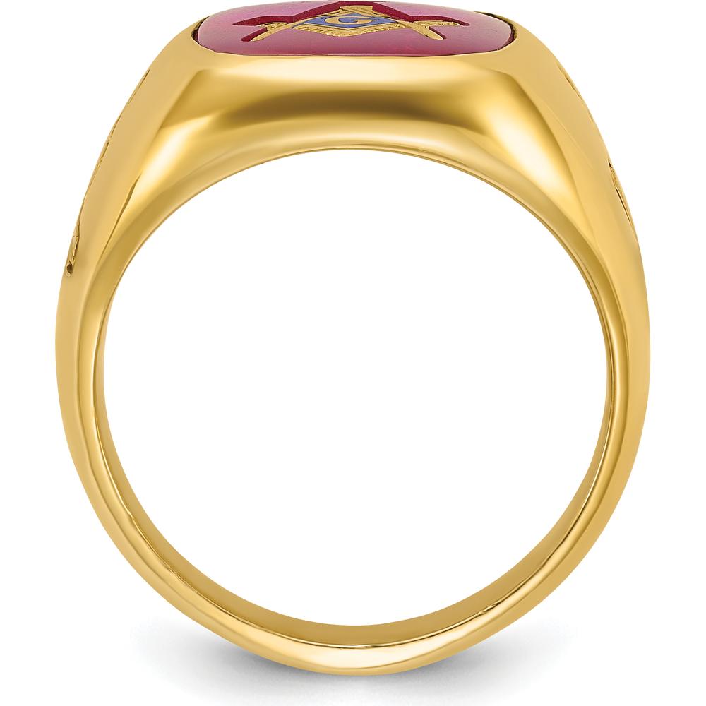 14K Yellow Gold Men's Polished and Grooved Blue Lodge Master Masonic Ring