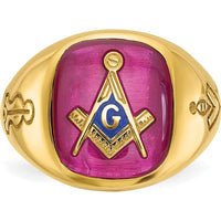14K Yellow Gold Men's Polished and Grooved Blue Lodge Master Masonic Ring