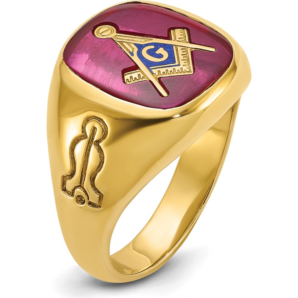 14K Yellow Gold Men's Polished and Grooved Blue Lodge Master Masonic Ring
