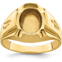 14K Yellow Gold Men's Polished and Grooved Masonic Ring Mounting for 12x10mm Oval Gemstone by Monteluci Fine Jewelry